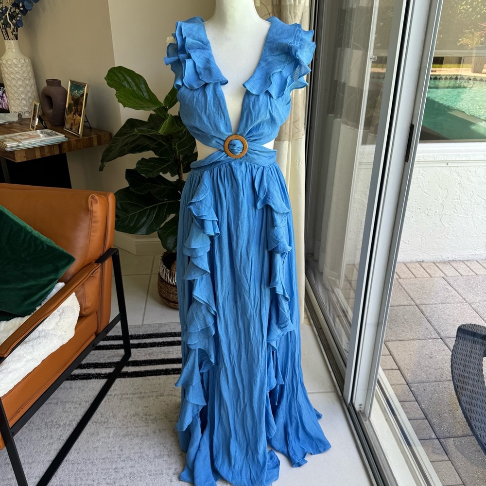 Elegant Blue Ruffle Maxi Dress